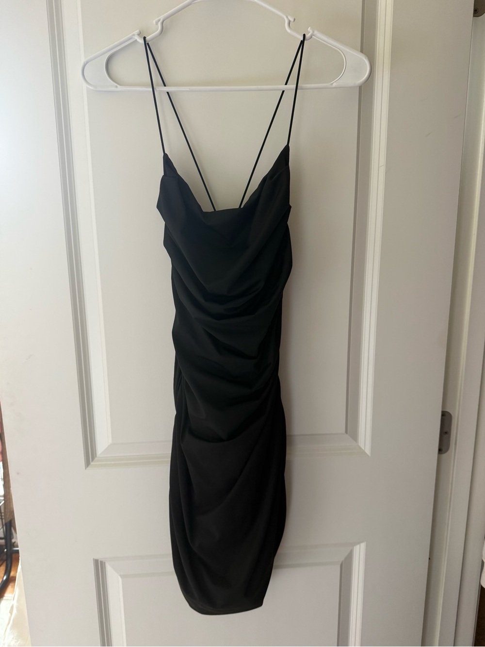 Black Spaghetti Strap Ruched Bodycon Dress